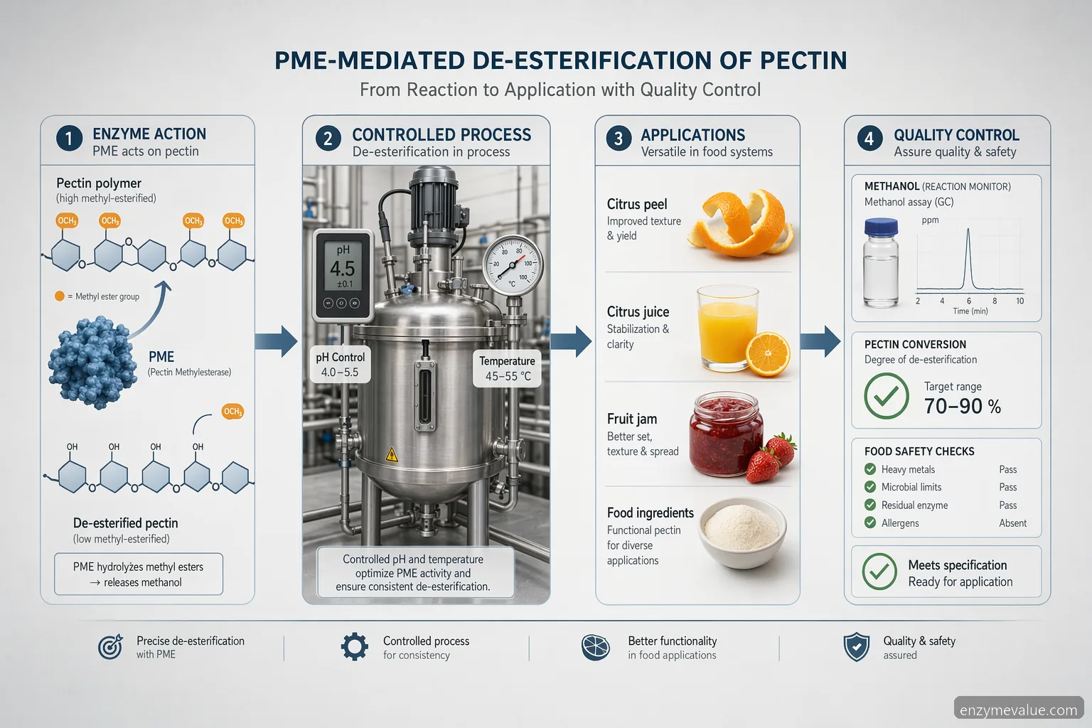 pectin methylesterase methanol production process guide, showing PME action, controls, applications, and QC checks